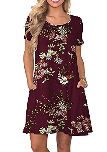 OMZIN Damen Sommermode Shirtkleid Baumwolle Kleider Tunika Minikleid Strandmode Sommerkleider Weinrot Blumen 3XL von OMZIN