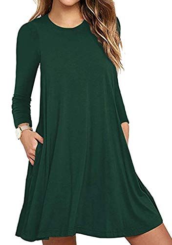 OMZIN Damen Strandkleid Locker Shirtkleid Blusenkleid Locker Einfarbig Casual Kleid für Winter Rundhals Dunkelgrün S von OMZIN