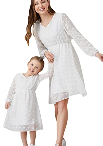 OMZIN Familie Passende Outfits Sommer Langer Ärmel Laterne Schweizer Punkt Kleid Muttertag Tunika V-Ausschnitt Solides Kleid Weiß S von OMZIN