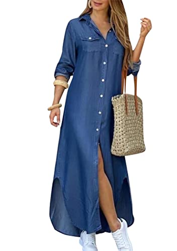 OMZIN Frauen Druck Langarm Hemd Kleid Revers Hals Beiläufige Mit Tasche Cowboy S OMZIN Frauen Druck Langarm Hemd Kleid Revers Hals Beiläufige Mit Tasche Cowboy S von OMZIN