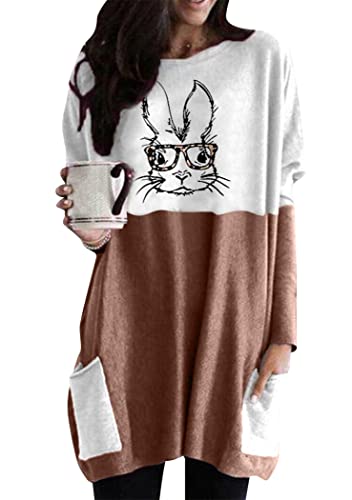 OMZIN Damen Ostern Sweatshirt Langarm Hase Druck Rundhalsausschnitt Pullover Sweatshirt Mit Tasche Khaki Brille Hase S von OMZIN