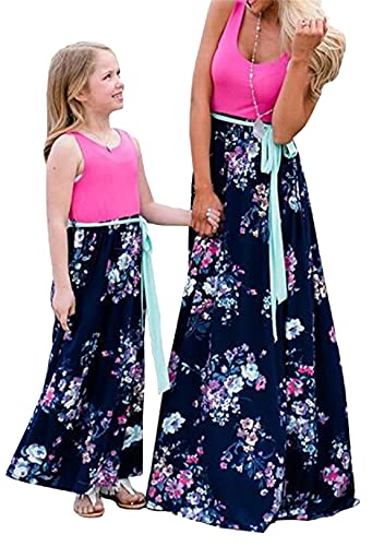 OMZIN Mutter und Tochter Kleider Set Baby Kleidung Partnerlook Mutter Tochter Mama und Kinder Mädchen Kleid Sommerkleid Damen Rosa Blumen 2-3 Jahre von OMZIN