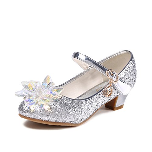 ON Prinzessin Schuhe mit Absatz Mädchen Ballerina Schuhe Pailletten Festlich für Kinder Kristall Schuhe, Farbe: Silber, Size 37 von ON