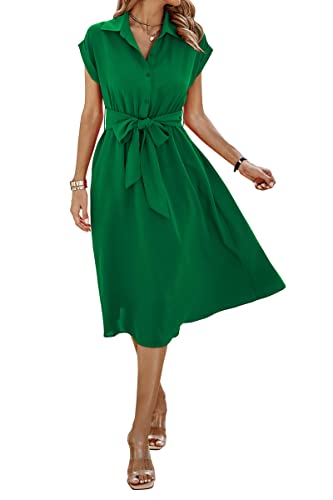 ONAYEYO Sommerkleid Damen Lang Einfarbig Knopf Midikleid Freizeitkleid Sommer V-Ausschnitt Kurzarm Shirt Kleid mit Tasche Elegant Blusenkleid Strandkleid mit Gürtel (XL, Grün) von ONAYEYO