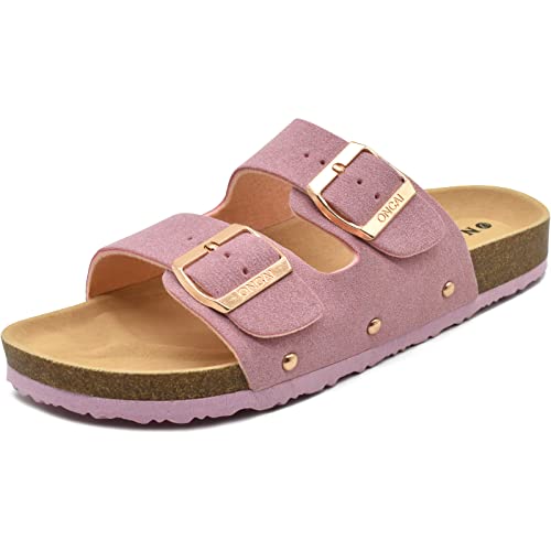 ONCAI Sandalen Damen Kork-Fußbett Arizona Pantoletten Damen Flach Rutschfest Sommer Badelatschen Mit Verstellbarer Rieme Rosa Größe 42 von ONCAI