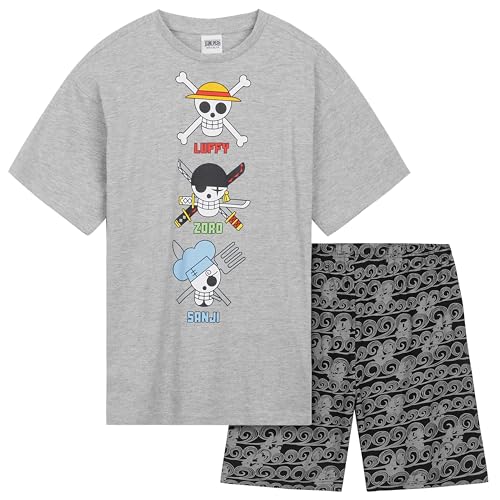 One Piece Kurzer Schlafanzug Jungen, Pyjama Set T-Shirt & Shorts - Anime Merch (Grau/Schwarz, 7-8 Jahre) von ONE PIECE MARCHANDISE