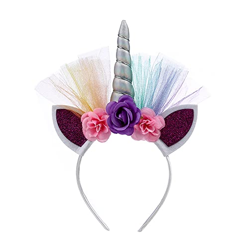 ONECHANCE Einhorn Haarband Einhorn Stirnband mit Blumen Horn Haarreif für Birthday Girl Kinder Erwachsene Geburtstag Ostern Party Cosplay Kostüm Zubehör Color Metallic-Silber von ONECHANCE