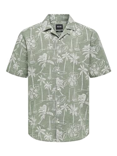 ONLY & SONS Herren Leinen Hemd ONSCaiden Hawaii Kurzarm Freizeithemd mit Palmen 22028423 Swamp XL von ONLY & SONS