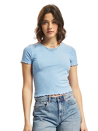 ONLY Damen Geripptes Cropped T-Shirt | Kurzes Short Sleeve Rundhals Top | Bauchfrei Gewellt ONLEMMA, Farben:Blau, Größe:S von ONLY