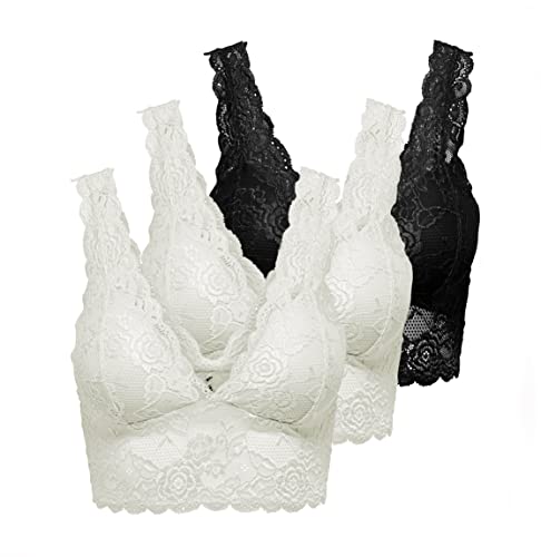 ONLY Damen Spitzen Bustier BH ohne BügelONLCHLOE 3-Pack LACE Bra, White/2XWHITE + 1XBLACK, L von ONLY