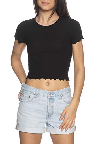 ONLY Damen Geripptes Cropped T-Shirt | Kurzes Short Sleeve Rundhals Top | Bauchfrei Gewellt ONLEMMA, Farben:Schwarz, Größe:XS von ONLY