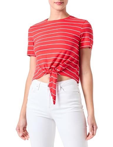 ONLY Damen ONLMAY Life S/S Short Knot TOP Box JRS T-Shirt, Flame Scarlet/Stripes:Cloud Dancer (Nadia), M von ONLY