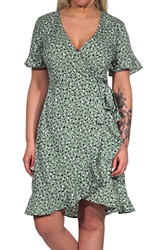 ONLY Damen Blusen Wickelkleid | Lockeres Midi Kurzarm Tunika Dress | Knielang mit Bindegürtel ONLOLIVIA, Farben:Grün-3, Größe:38 von ONLY