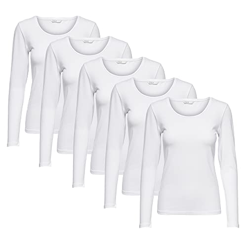 ONLY Longsleeve Damen-Shirt in Weiß, 15240036 Oberteil aus 95% Baumwolle 5% Elasthan, atmungsaktives Basic Shirt zum Kombinieren L von ONLY