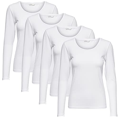 ONLY Longsleeve Damen-Shirt in Weiß, 15240036 Oberteil aus 95% Baumwolle 5% Elasthan, atmungsaktives Basic Shirt zum Kombinieren L von ONLY