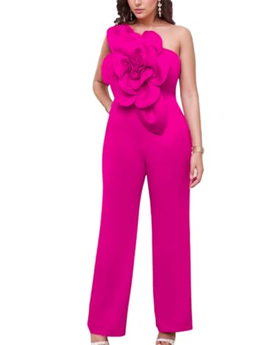 ONTINVA Pinke Jumpsuits für Damen, One-Shoulder-Pullover, Sommer-Strampler, ärmellos, locker, Palazzo mit weitem Bein, Rose, Large ONTINVA Pinke Jumpsuits für Damen, One-Shoulder-Pullover, Sommer-Strampler, ärmellos, locker, Palazzo mit weitem Bein, Rose, Large von ONTINVA