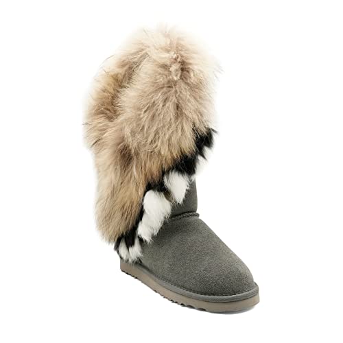 OOG Indianer Leder Boots, Winterstiefel für kaltes Wetter, Fell Pelz Langstiefeln echtes Leder Schuhe Winterstiefeln Boot, wasserdichte Schneeschuhe, warm (8018Grey-Black, numeric_38) von OOG