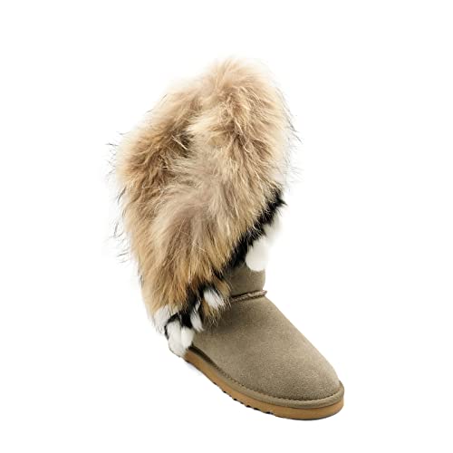 OOG Indianer Leder Boots, Winterstiefel für kaltes Wetter, Fell Pelz Langstiefeln echtes Leder Schuhe Winterstiefeln Boot, wasserdichte Schneeschuhe, warm (8018Khaki-Black, numeric_40) von OOG