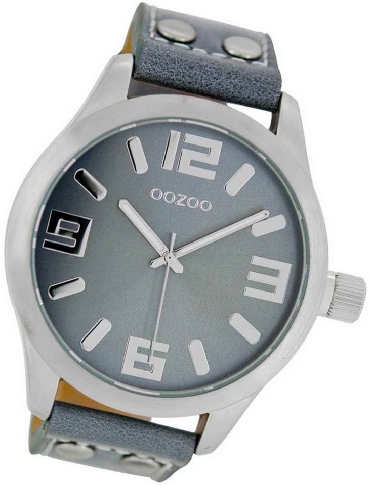 OOZOO Quarzuhr Oozoo Leder Damen Uhr C1060 Analog, (Analoguhr), Damenuhr Lederarmband grau, rundes Gehäuse, extra groß (ca. 46mm) von OOZOO