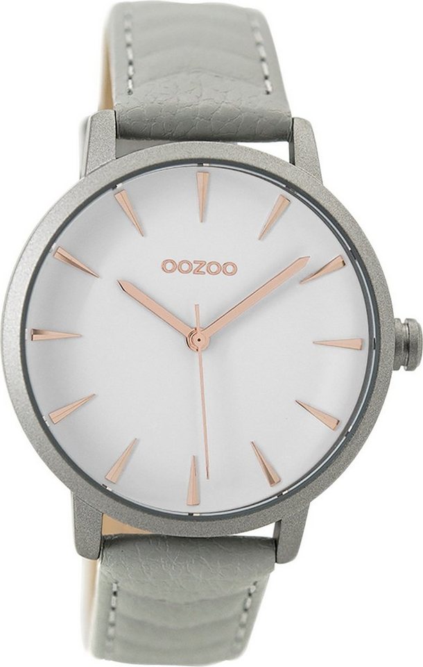 OOZOO Quarzuhr Oozoo Leder Damen Uhr C9506 Quarzuhr, (Analoguhr), Damenuhr Lederarmband grau, rundes Gehäuse, groß (ca. 40mm) von OOZOO