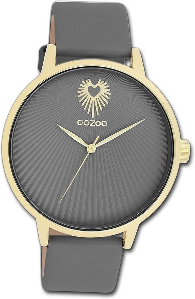 OOZOO Quarzuhr Oozoo Damen Armbanduhr Timepieces, (Analoguhr), Damenuhr Lederarmband grau, rundes Gehäuse, groß (ca. 42mm) von OOZOO