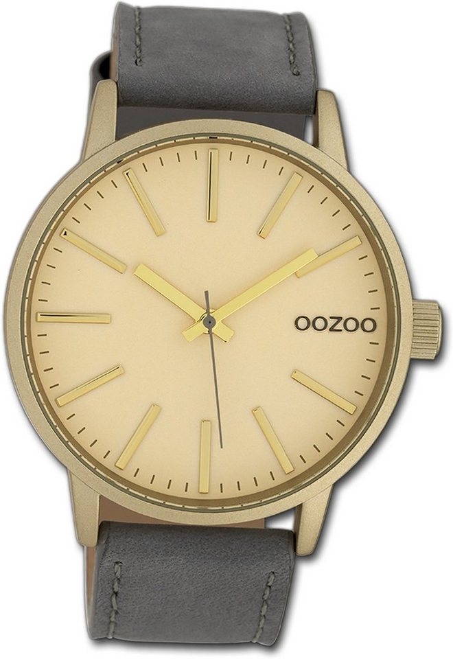 OOZOO Quarzuhr Oozoo Damen Armbanduhr Timepieces, (Analoguhr), Damenuhr Lederarmband grau, rundes Gehäuse, groß (ca. 45mm) von OOZOO