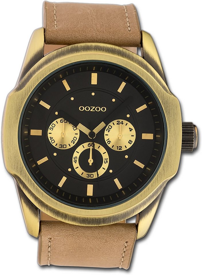 OOZOO Quarzuhr Oozoo Damen Armbanduhr Timepieces, (Analoguhr), Damenuhr Lederarmband hellbraun, rundes Gehäuse, extra groß (ca. 48mm) von OOZOO