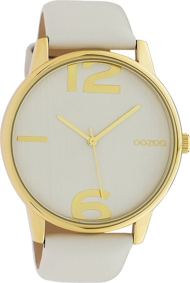 OOZOO Quarzuhr Oozoo Damen Armbanduhr Timepieces Analog, (Analoguhr), Damenuhr rund, groß (ca. 45mm), Lederarmband hellgrau, Fashion von OOZOO