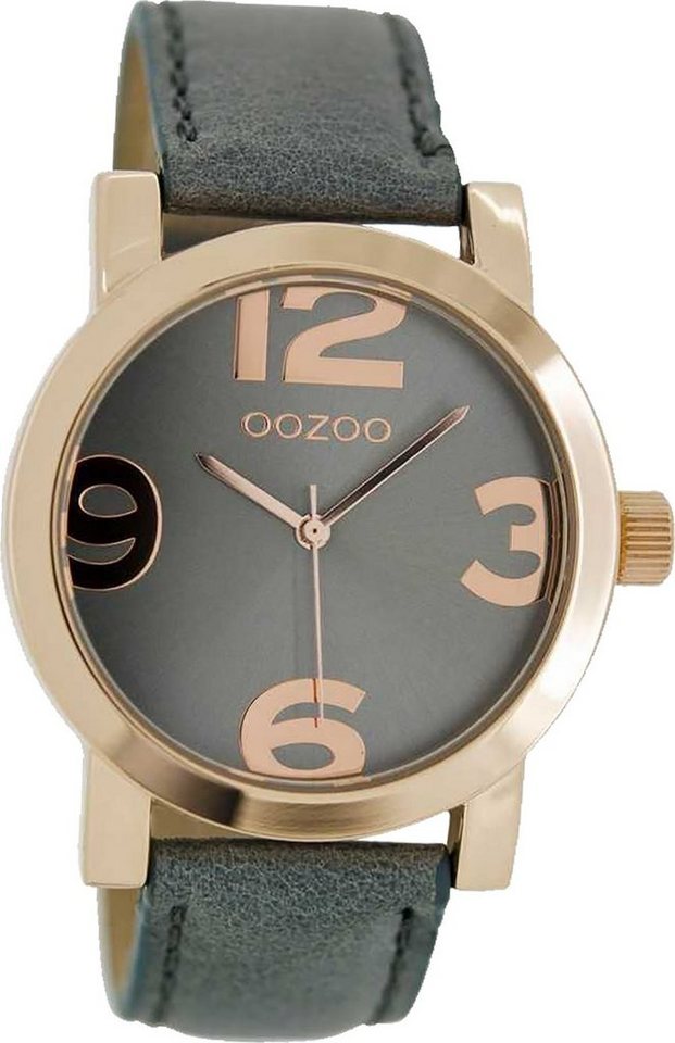 OOZOO Quarzuhr Oozoo Quarz-Uhr Damen rose Timepieces, (Analoguhr), Damenuhr Lederarmband grau, rundes Gehäuse, groß (ca. 40mm) von OOZOO