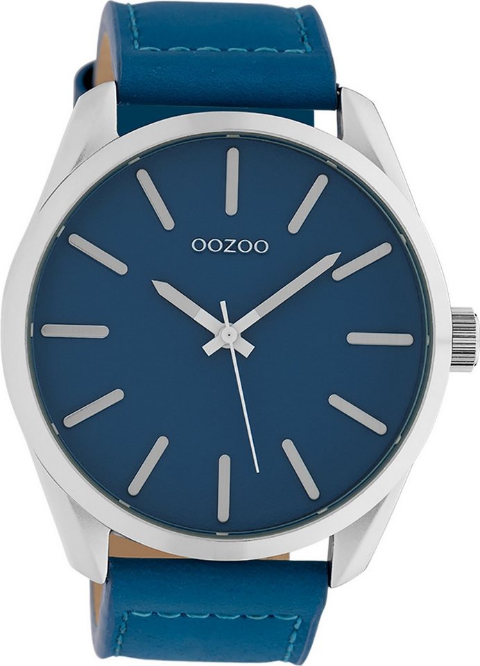 OOZOO Quarzuhr Oozoo Unisex Armbanduhr Timepieces Analog, (Analoguhr), Damen, Herrenuhr rund, extra groß (ca. 48mm) Lederarmband blau von OOZOO