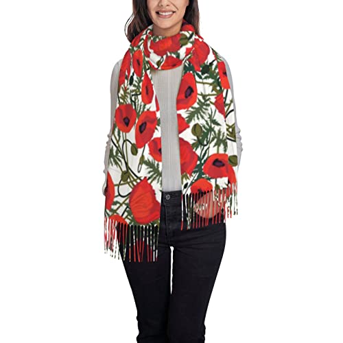 OPSREY Shih Tzu Pashmina-Schal mit Hunde-Motiv, mit Quaste, warmer Winterschal, Mohnblumen-Muster, One size von OPSREY