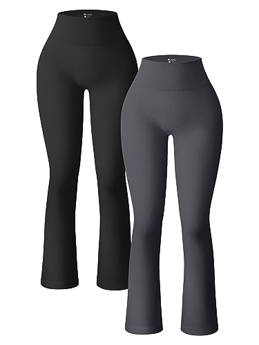 OQQ 2-teilige Yogahose für Damen, gerippt, nahtlos, Workout, hohe Taille, Glockenhose, ausgestellte Leggings, Schwarz, Dunkelgrau, M von OQQ