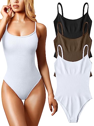 OQQ Damen Yoga Bodysuits Gerippte Einteiler Spaghettiträger Bauchweg Tops Bodysuits, Schwarz / Kaffeeweiß, L von OQQ