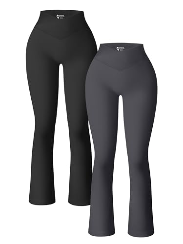 OQQ Damen-Yogahose, gerippt, nahtlos, hohe Taille, überkreuzte Glockenhose, Übung, Schlaghose, Leggings, 2-teilig, Schwarz, Dunkelgrau, M von OQQ