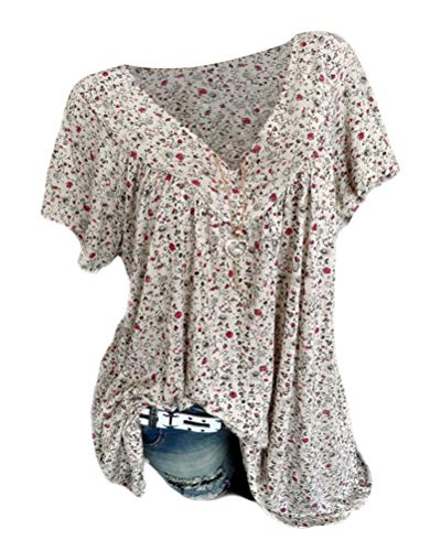 ORANDESIGNE 2020 Sommer Shirt Tuniken Damen Beiläufige Blumen V-Ausschnitt T Shirt Unregelmäßige Rand Kurzarm Bluse A Beige 3XL von ORANDESIGNE