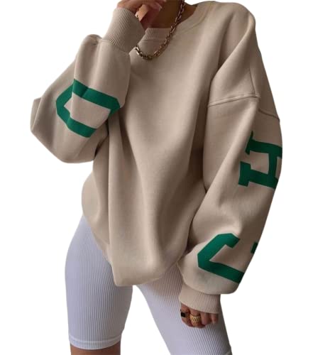 ORANDESIGNE A Khaki Damen Oversized Sweatshirt Briefe Drucken Langarm Rundhals Pullover Warm Pulli Casual Bequem Teenager Mädchen Hoodie Sportbekleidung XS von ORANDESIGNE