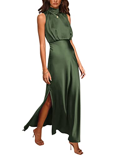 ORANDESIGNE Abendkleid Lang Elegant Curvy Maxikleid Satin Schulterfrei Ballkleider Mit Schlitzen Cocktailkleid Festlich Ärmellos Hochzeit Brautjunfernkleider Wadenlang Sommer Partykleid Militärgrün XS von ORANDESIGNE