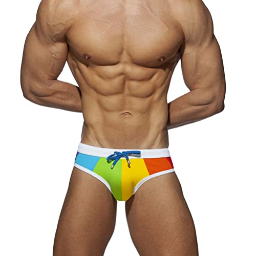 ORANDESIGNE Badeslip Herren Sexy Eng Hosen Badeshorts Kurz Druck Schwimmslip Stretch Slips Sexy Schnelltrocknend Schwimmshorts mit Pad Badepants Sommer Shorts Kurze Badehose L Regenbogen M von ORANDESIGNE