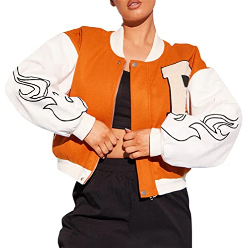 ORANDESIGNE Bomberjacke Damen Sweatjacke College Sweat Jacket Reißverschluss Übergangsjacke Teenager Mädchen Oversized Patchwork Jacke Vintage Druck Jacken Baseball Mantel Sport Jacke Z7 Orange M von ORANDESIGNE