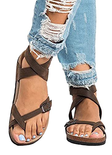 ORANDESIGNE Braun Runde Zehe Flache Cross Strap Fesselriemen Riemchen Zehentrenner Sommer Römer Hippie Sandalen Flache Damen Sommerstiefel 35 EU von ORANDESIGNE