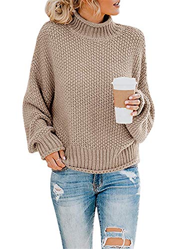 ORANDESIGNE Casual Sexy Halbhoher Kragen Pullover Sweatshirt Damen Elegant Rollkragenpullover Batwing Oversize Solid Wrap Gestrickt Langarmshirts Oberteile A Khaki M von ORANDESIGNE