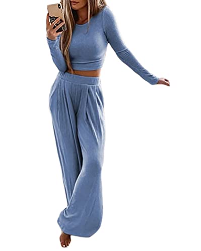 ORANDESIGNE Damen 2 Stück Strickanzug Frauen Langarm Strickpullover mit Langhosen Jogginganzug Freizeitanzug Beiläufig Loungewear Set Streetanzug B Blau XL von ORANDESIGNE