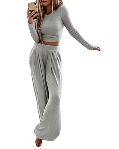 ORANDESIGNE Damen 2 Stück Strickanzug Frauen Langarm Strickpullover mit Langhosen Jogginganzug Freizeitanzug Beiläufig Loungewear Set Streetanzug B Grau M von ORANDESIGNE