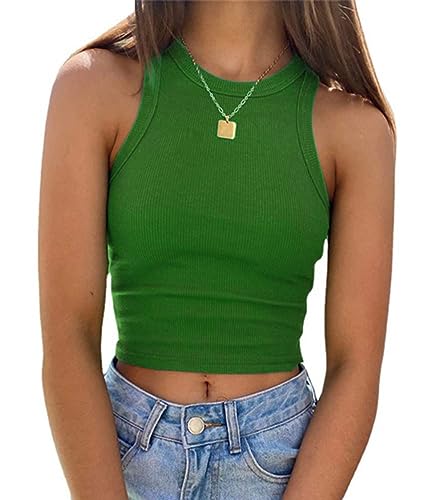 ORANDESIGNE Damen Ärmellos Crop Tops Racerback Rundhals Tank Top Neckholder Basic Slim Fit Shirts Elegant Oberteile Cami Top Sexy B Grün M von ORANDESIGNE