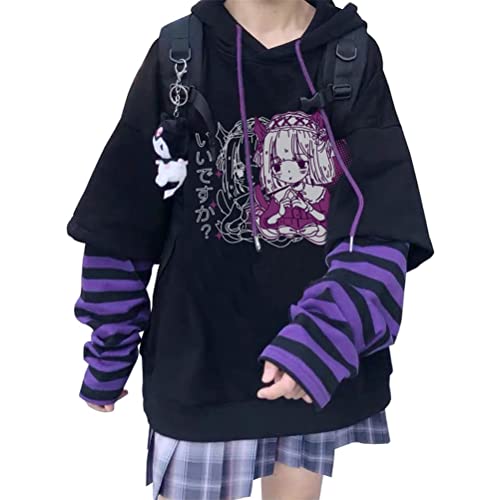 ORANDESIGNE Damen Anime Kapuzenpullover Japan Kawaii Hoodie E-Girl Streetwear Mädchen Y2K Gothic Sweatshirt Pullover G Violett L von ORANDESIGNE
