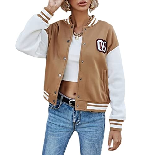 ORANDESIGNE Damen Baseball Jacke Frauen College Jacke Mädchen Wintermantel Warm Kurze Vintage Bomberjacke Ladies Sweat Jacket Sweatjacke für Frauen Herbst Frühling C Khaki, XS von ORANDESIGNE