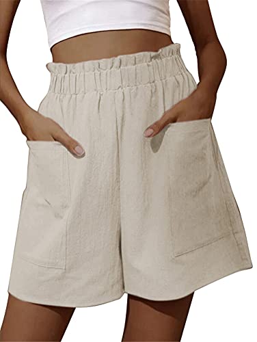 ORANDESIGNE Damen Bermuda Fashion Elastische Taillen Shorts Baumwoll und Leinen Shorts Kurze Hosen Einfarbige Oversize Casual Home Shorts Gerade Hosen Breites Bein Casual Shorts A Beige XL von ORANDESIGNE