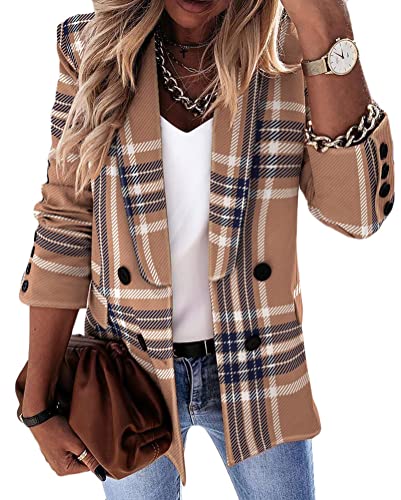 ORANDESIGNE Damen Blazer Elegant Langarm Blazer Sakko Einfarbig Slim Fit Revers Geschäft Büro Jacke Kurz Knopfleiste Mantel Anzüge Bolero mit Tasche B Plaid S von ORANDESIGNE