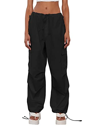 ORANDESIGNE Damen Cargohose Baggy Casual Sommerhose Lang High Waist Freizeithose mit Kordelzug & Knopf Vintage Oversize Jogginghose Y2K Fashion Aestethic 90er E-Girl Streetwear S Schwarz L von ORANDESIGNE