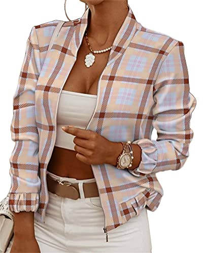 ORANDESIGNE Damen Casual Jacke Blumenmuster Langarm Bomberjacke Reißverschluss Stehkragen Outwear Kurz Coat Herbst Frühling D Plaid XXL ORANDESIGNE Damen Casual Jacke Blumenmuster Langarm Bomberjacke Reißverschluss Stehkragen Outwear Kurz Coat Herbst Frühling D Plaid XXL von ORANDESIGNE
